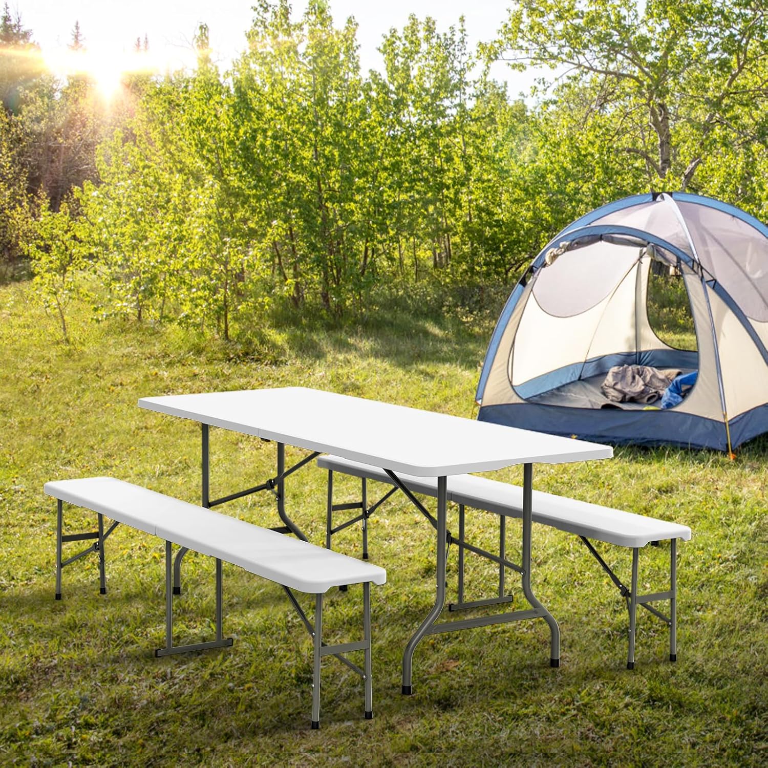 Camping Outdoor Or Indoor - Picnic Table Set with 2 Benches,